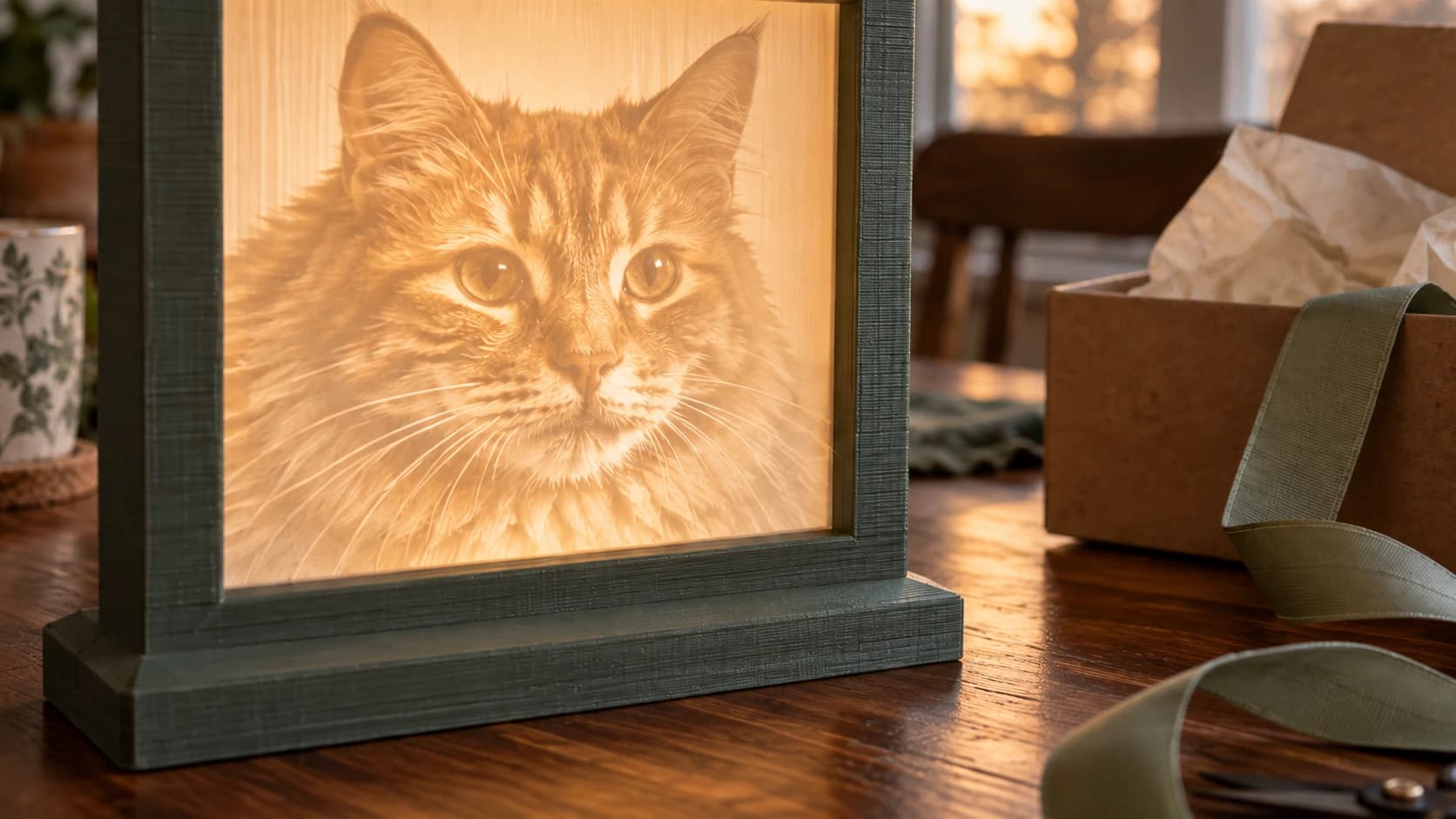 Lithophanie de chat éclairée par une lumière chaude venant de l'arrière, dans un cadre imprimé vert sauge à côté de sa boîte cadeau
