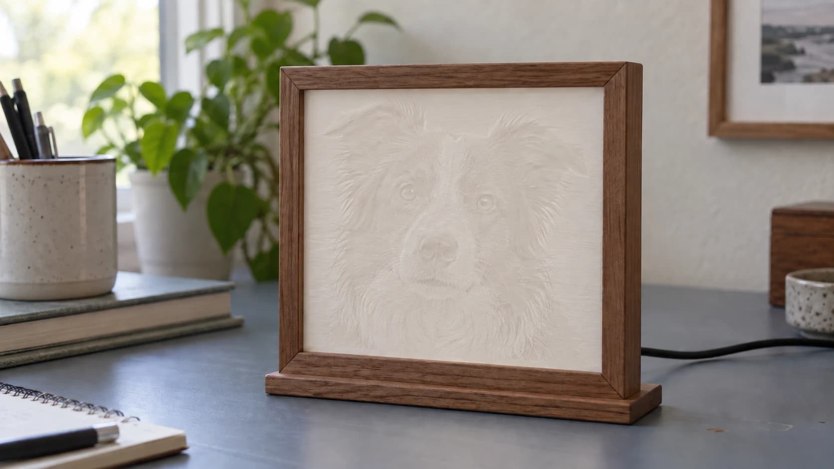 The same border-collie lithophane and walnut frame with the backlight off, showing the faint white surface relief