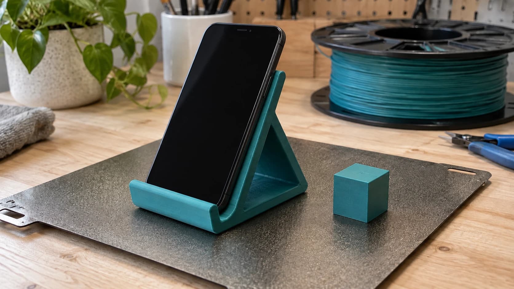 Teal printed phone stand supporting a black phone on the same build plate beside a small cube