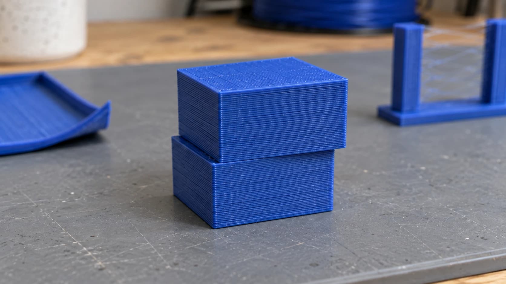 A blue printed cube with an abrupt sideways offset halfway up and parallel layers above and below