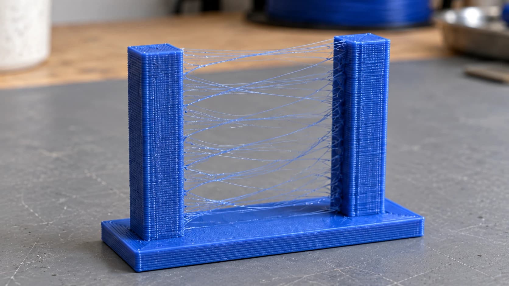 Fine blue filament strings spanning the gap between two otherwise intact printed towers