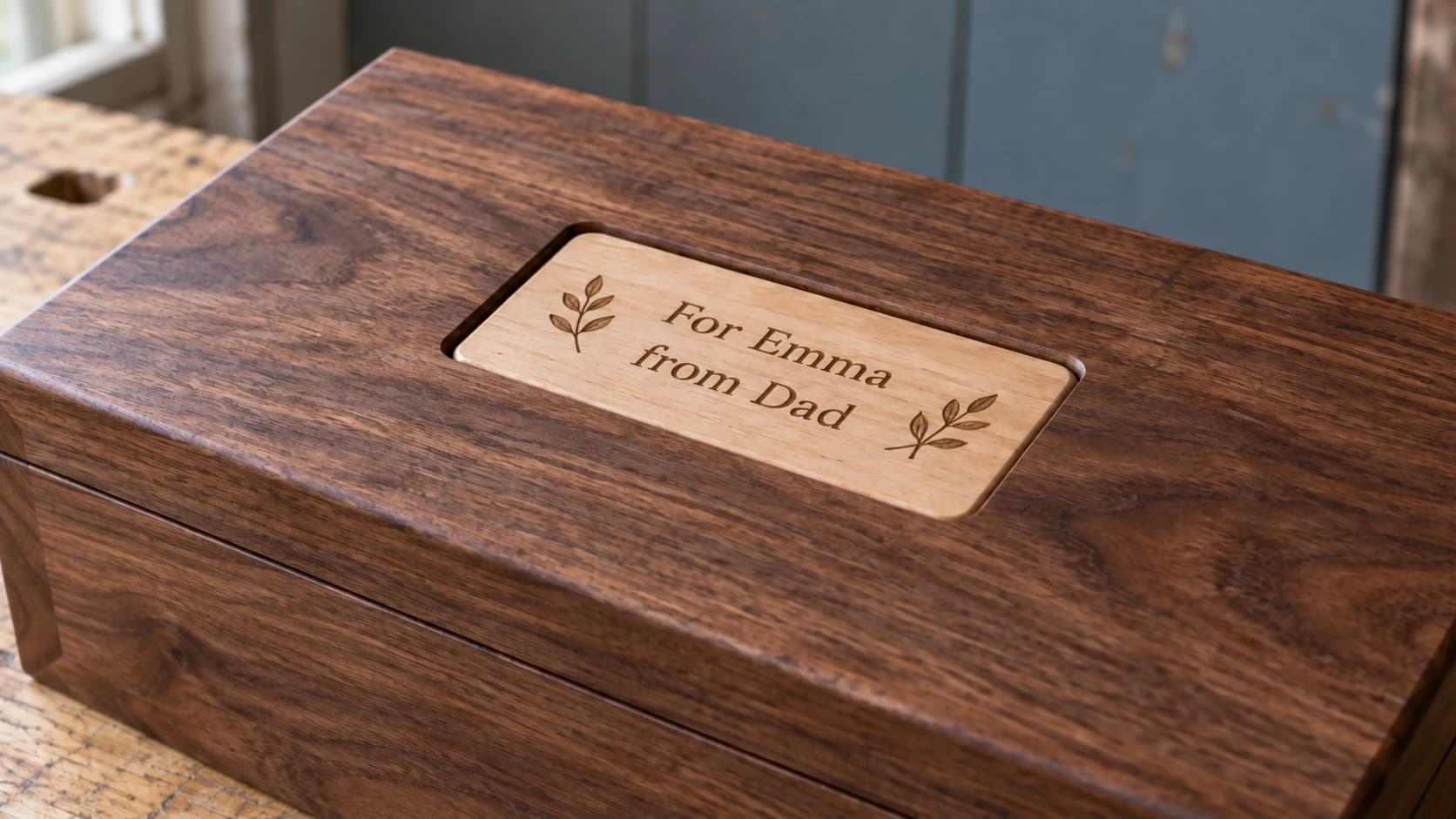 Vue rapprochée de la même plaque de dédicace en érable, installée dans le couvercle en noyer de la boîte souvenir
