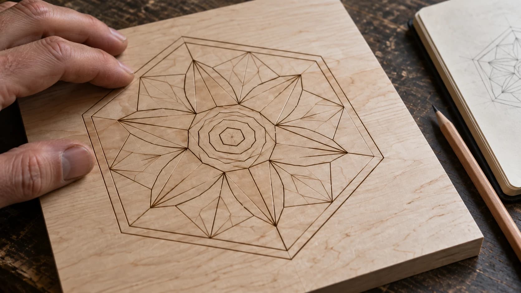 Close detail of the same maple panel with a geometric rosette engraved into its surface