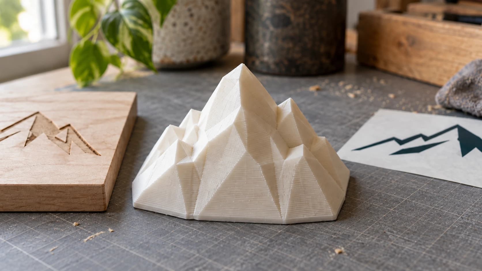 Close view of the same ivory printed mountain with fine horizontal layer lines