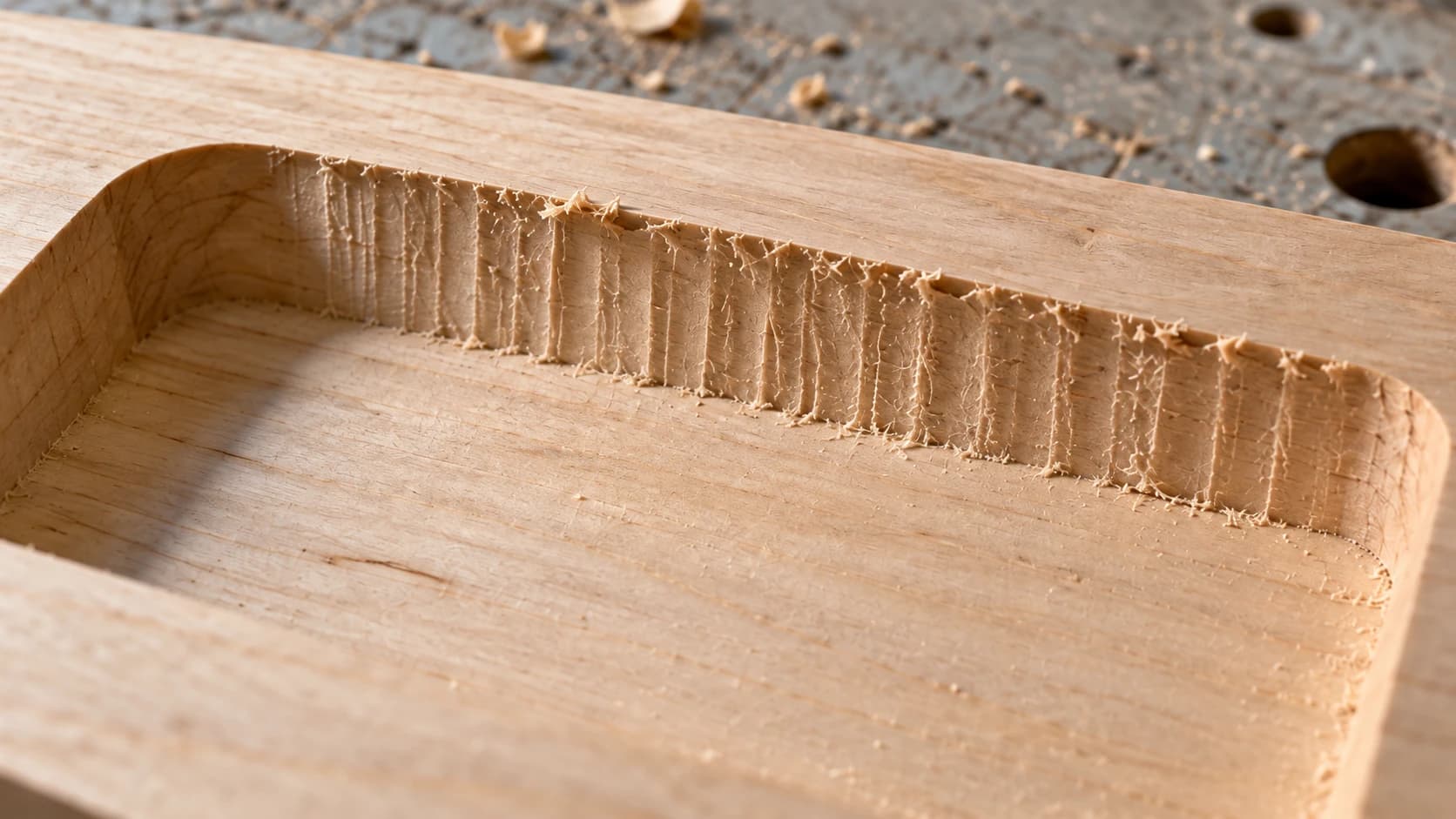 Close view of the same maple pocket showing ridges on its inner wall