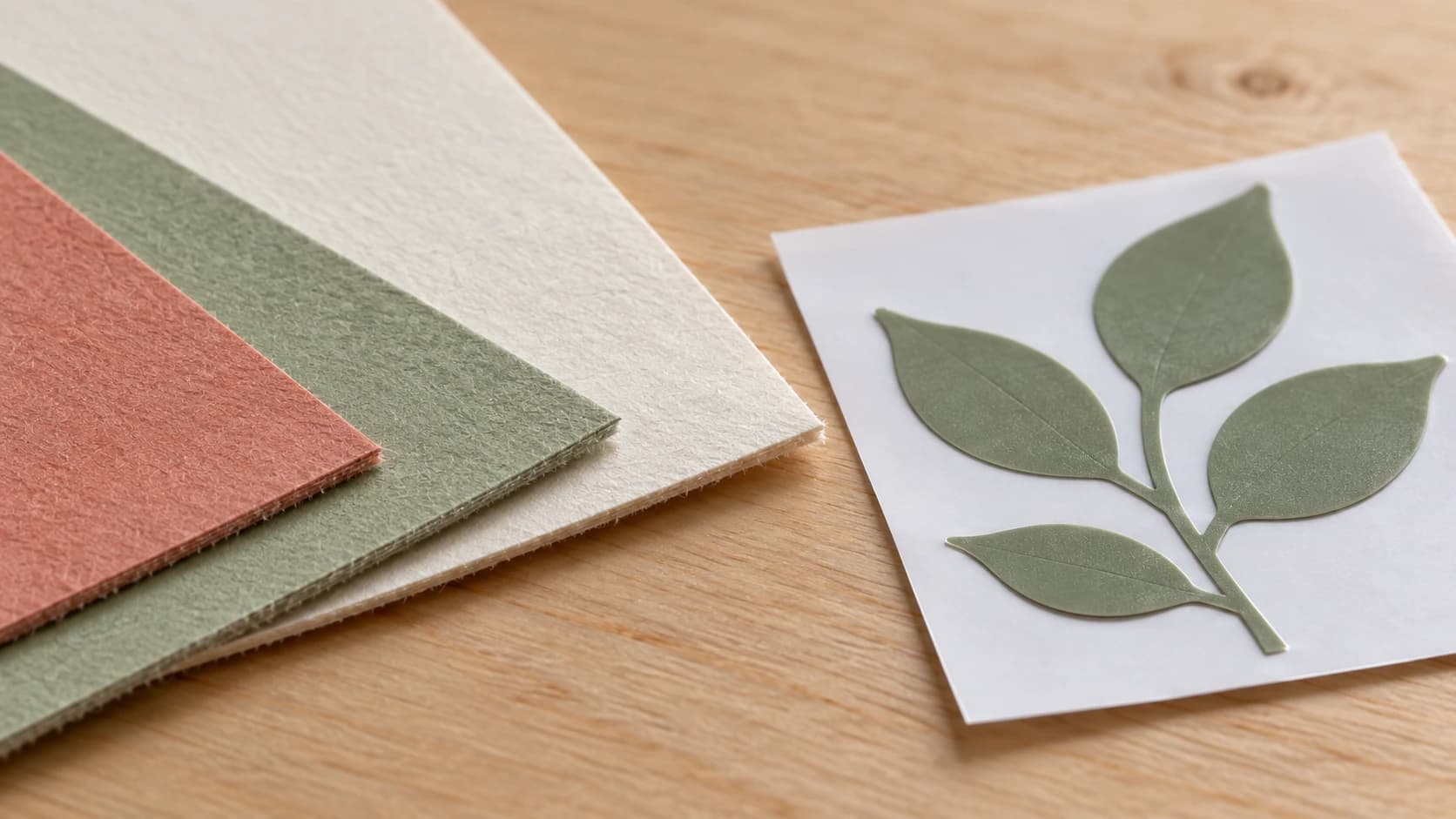 Cut edges of coral, sage and cream cardstock beside a sage paper leaf