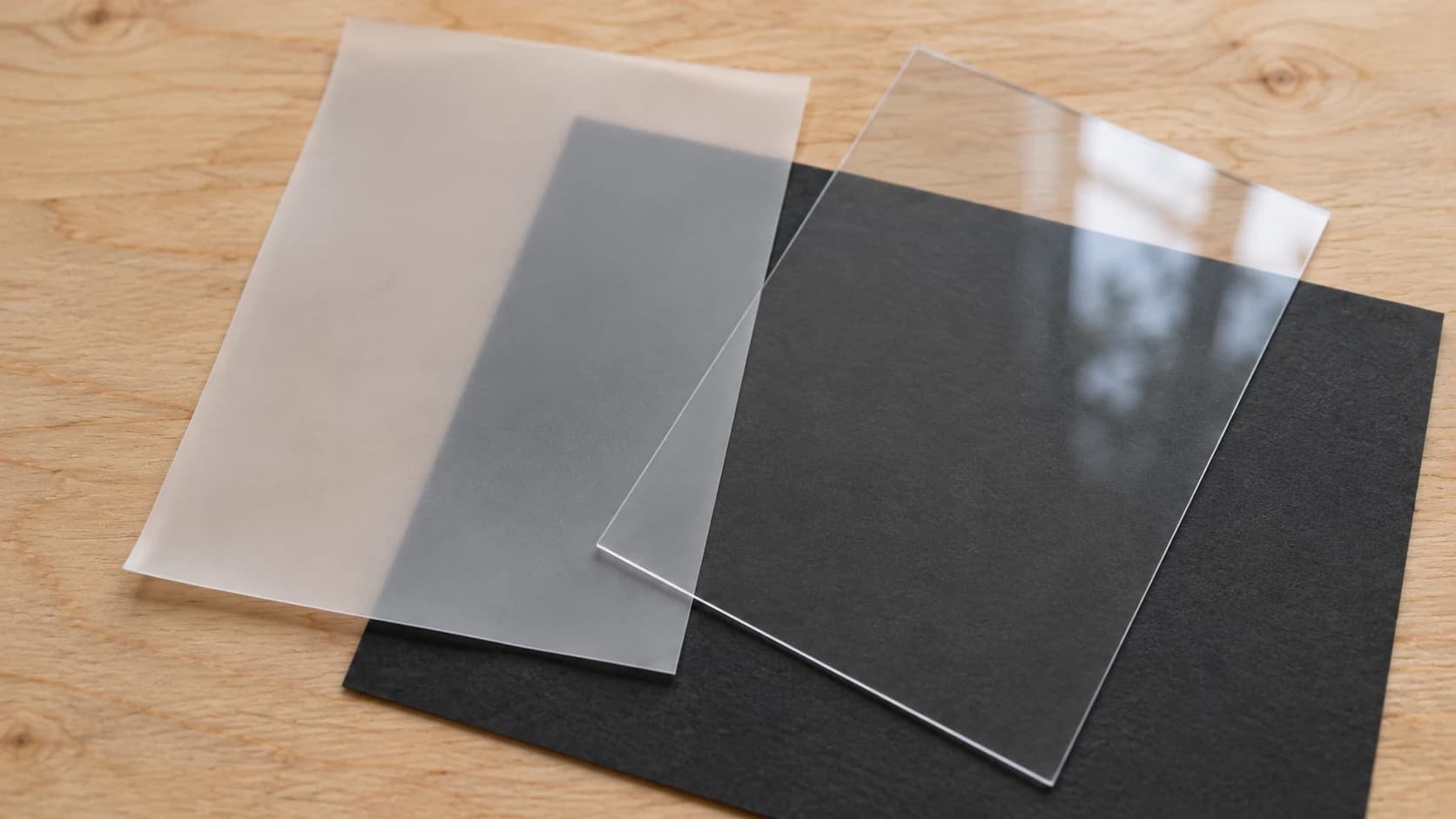Clear acetate and frosted vellum overlapping a dark card
