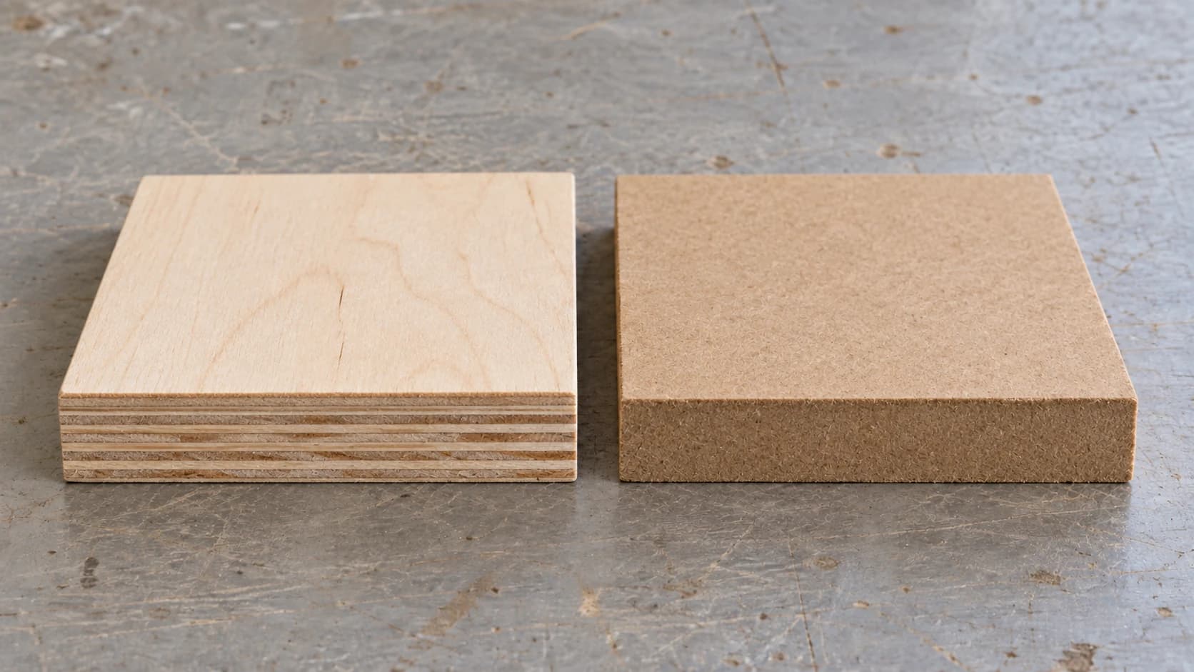 Birch plywood veneer layers beside the uniform core of MDF