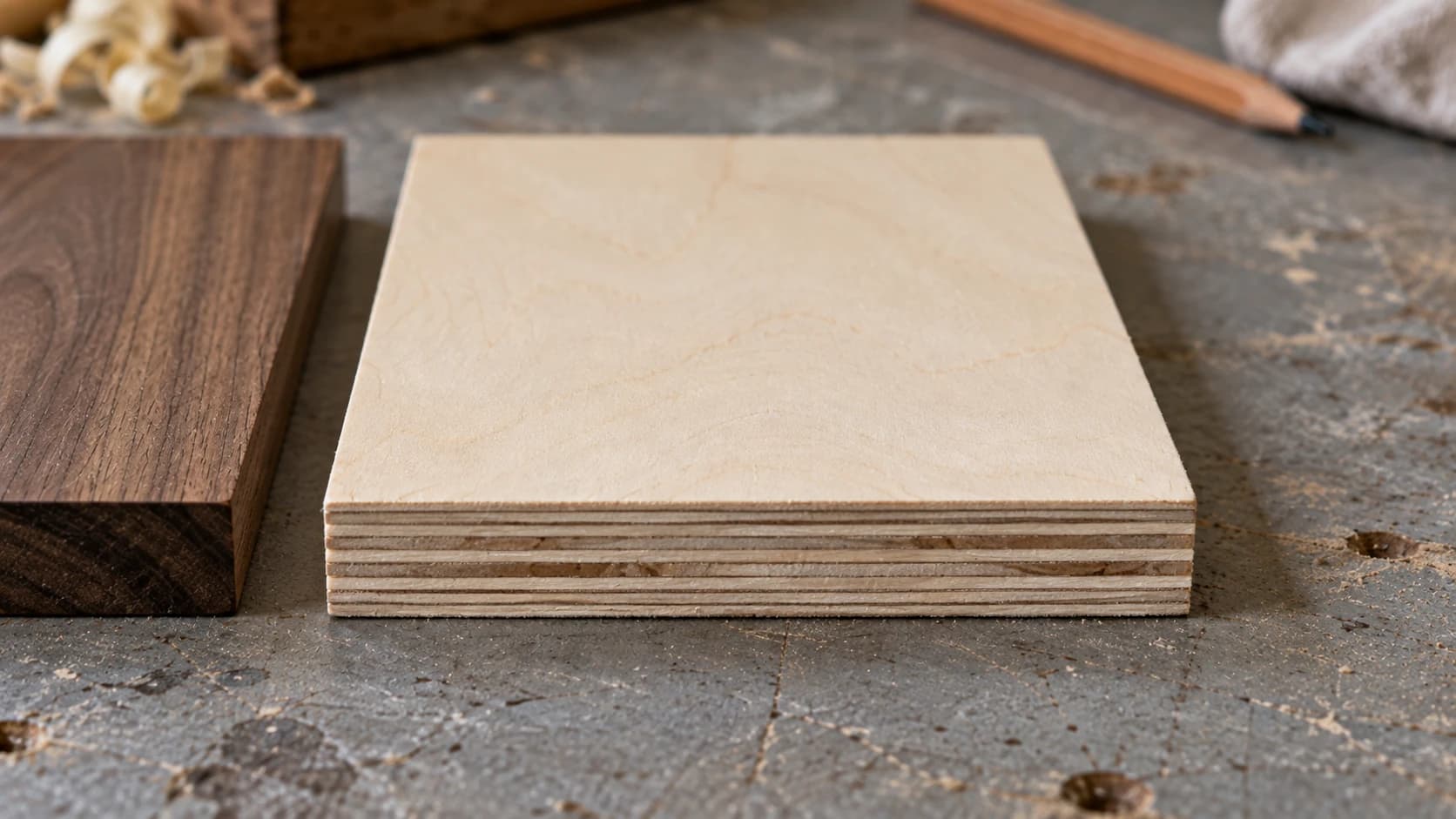 Close view of the birch plywood sample showing its thin face veneer and alternating plies at the cut edge