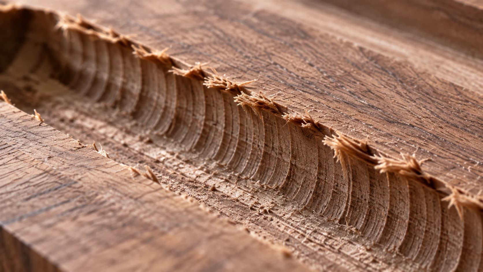 Torn walnut fibers and rough tool marks along a routed groove