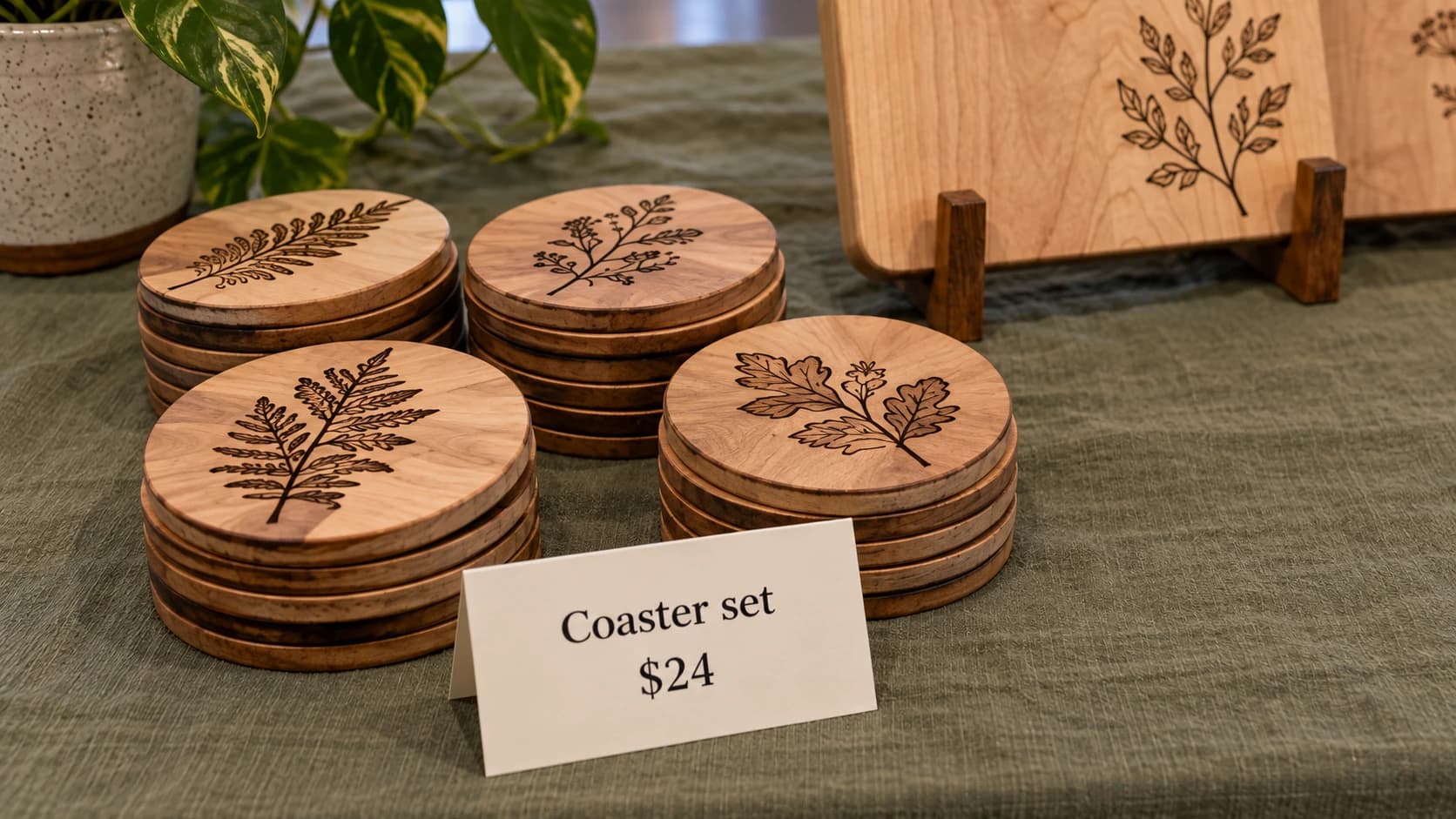 The same botanical coaster display with a readable Coaster set $24 card
