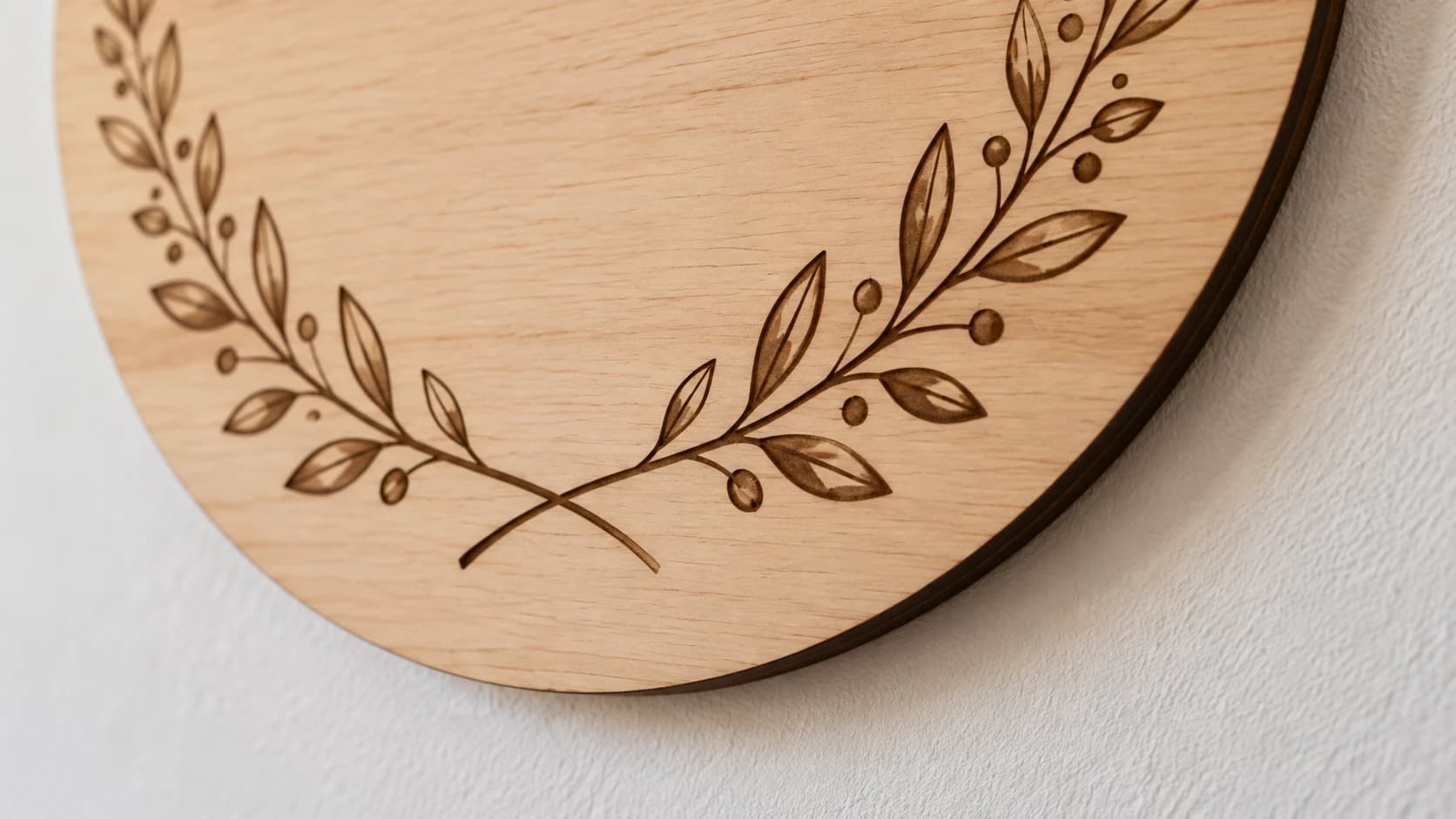 Close detail of the wreath sign showing flat brown engraving, horizontal birch grain, and the thin dark cut edge