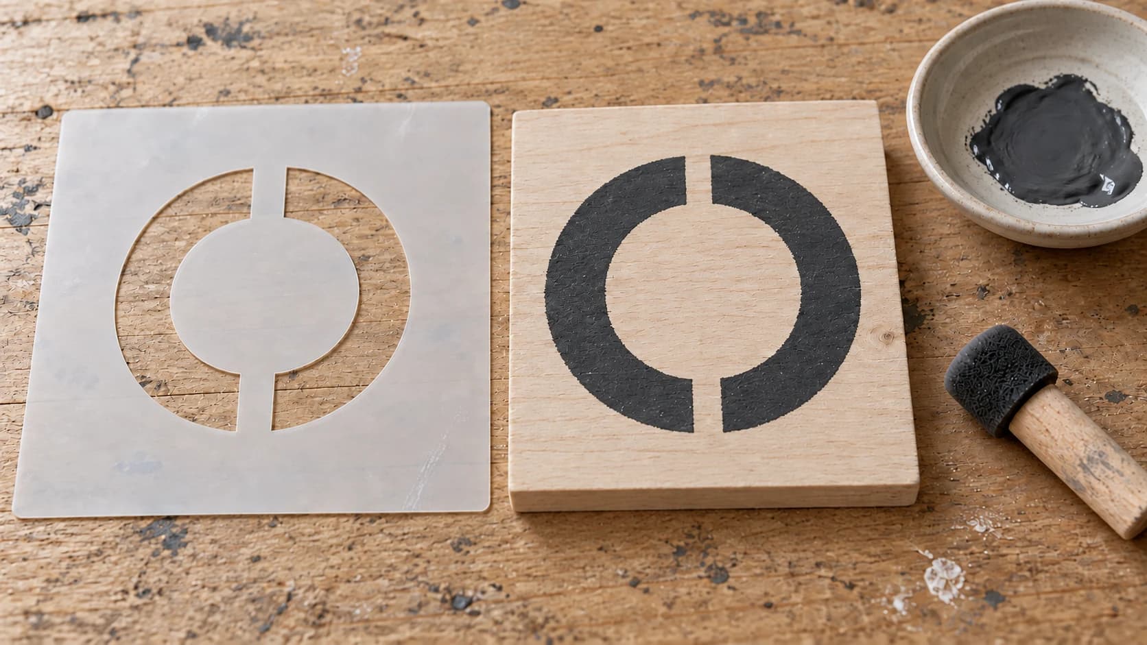 An O stencil beside its painted result, with an unpainted center and matching gaps at top and bottom