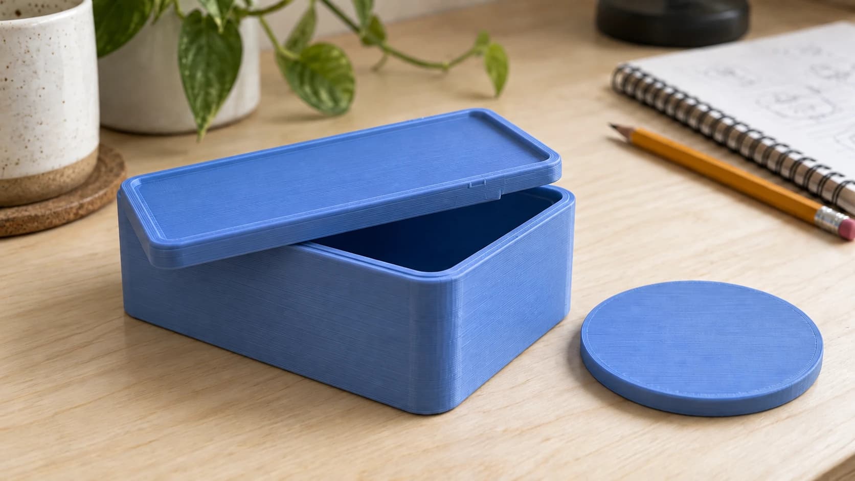 Die blaue gedruckte Box mit ihrem passenden Deckel, der teilweise über der Öffnung auf dem Birkenschreibtisch liegt