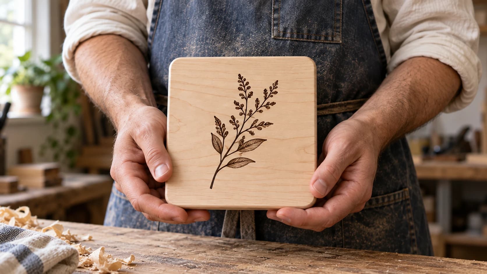 The same botanical maple plaque held in front of the maker’s indigo apron