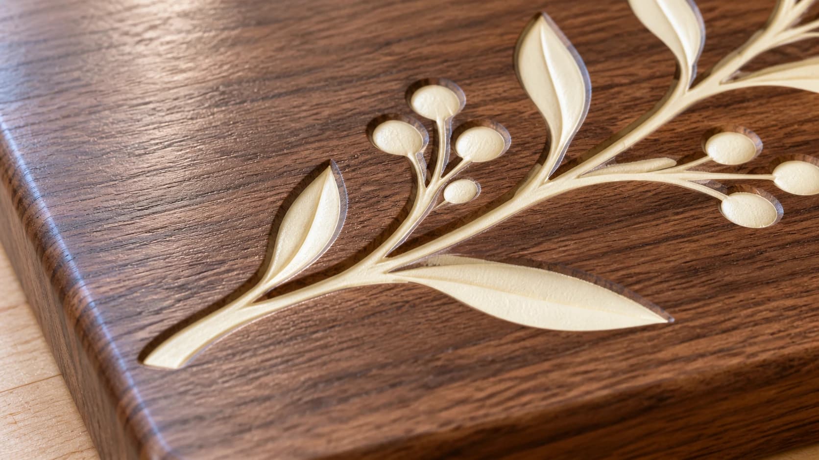Ivory paint inside the walnut plaque’s recessed botanical design