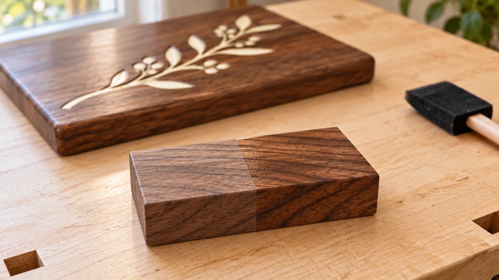 Walnut test offcut with bare and clear-coated areas on the same bench