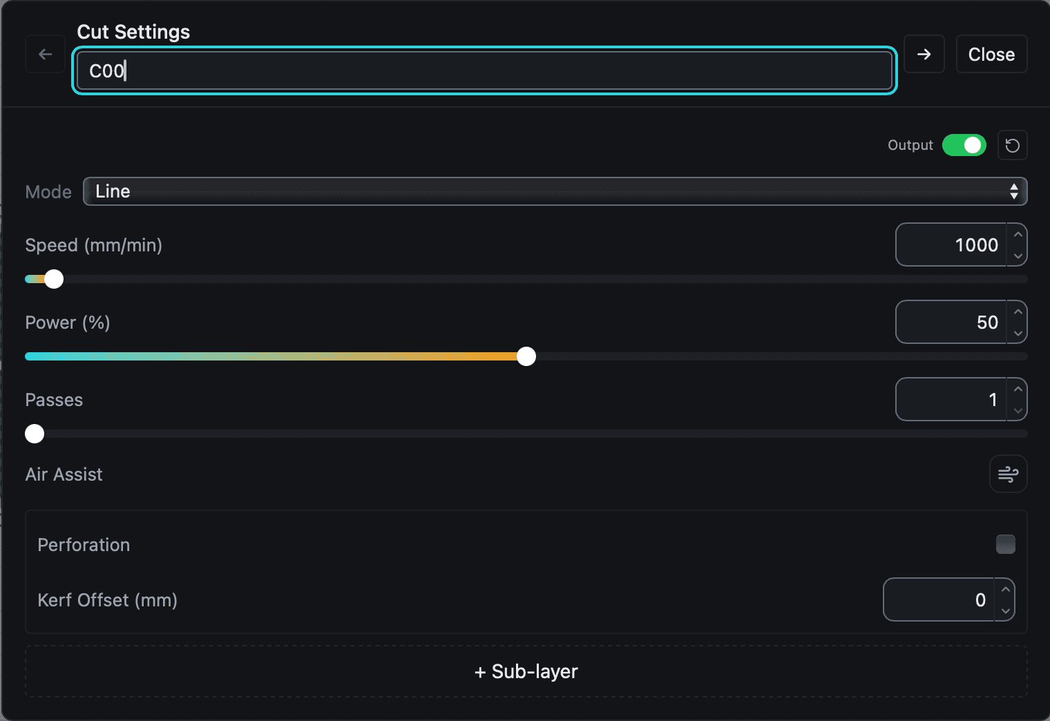 The Cut Settings dialog showing speed, power, and passes for a layer