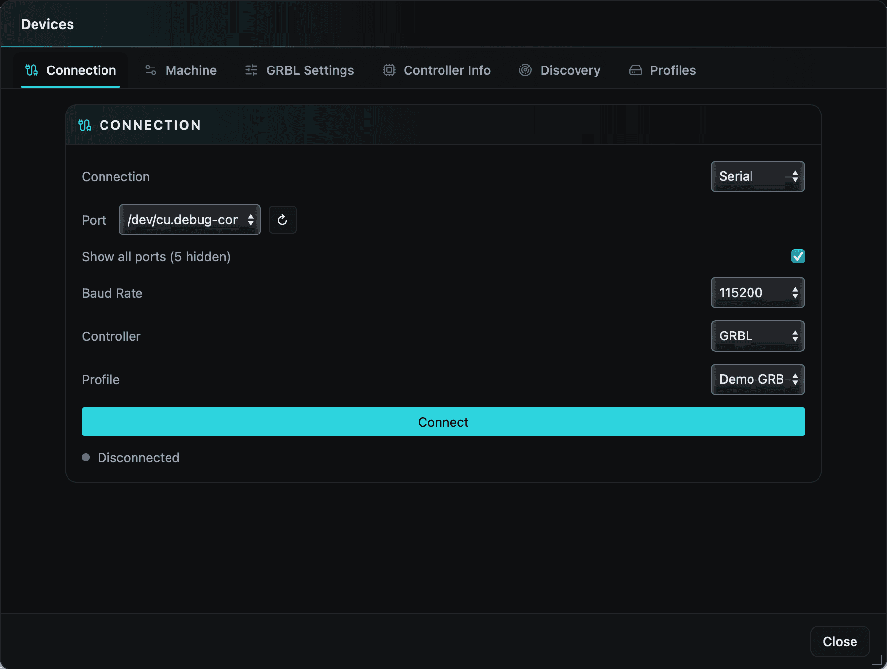 The Devices dialog on the Connection tab with a serial GRBL machine selected