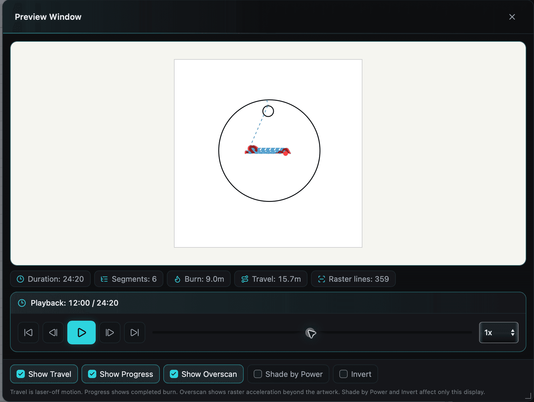 The Preview Window simulating a job before burning