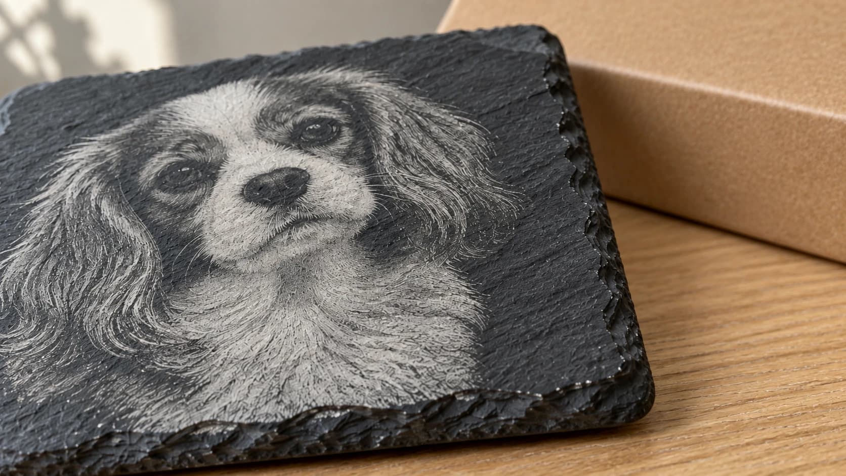 Close-up of pale portrait marks across the dark cleft surface and layered edge of the same slate coaster