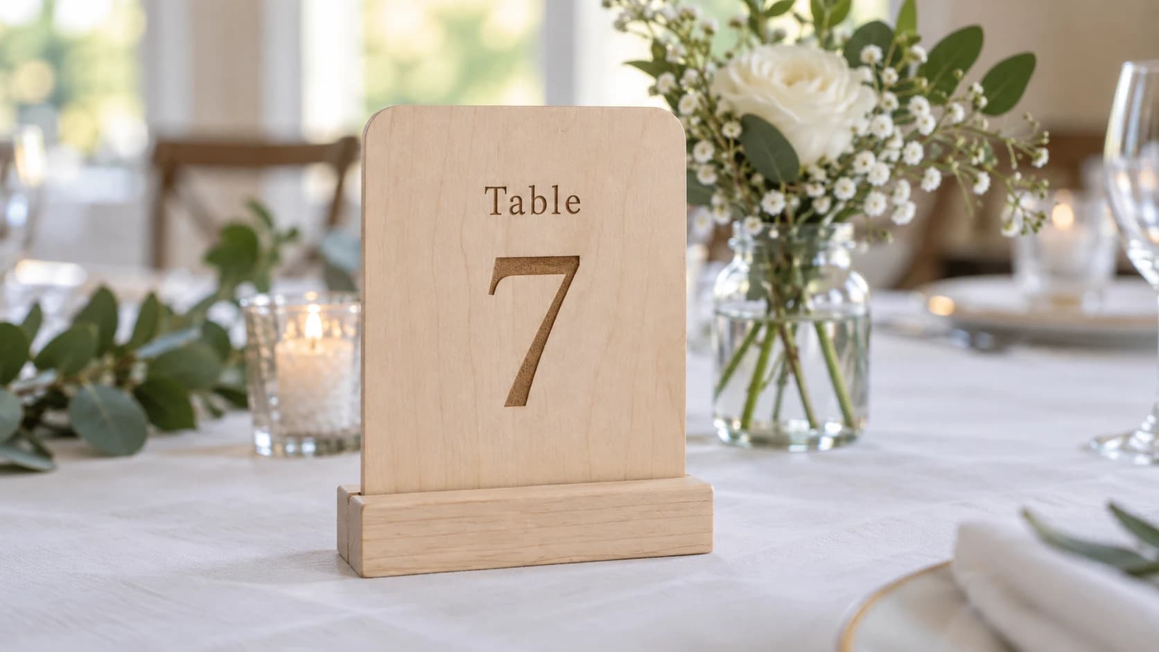 Koivupuinen Table 7 -kyltti urallisessa puujalustassa hääjuhlan pöydällä, jossa on valkoinen pellavaliina