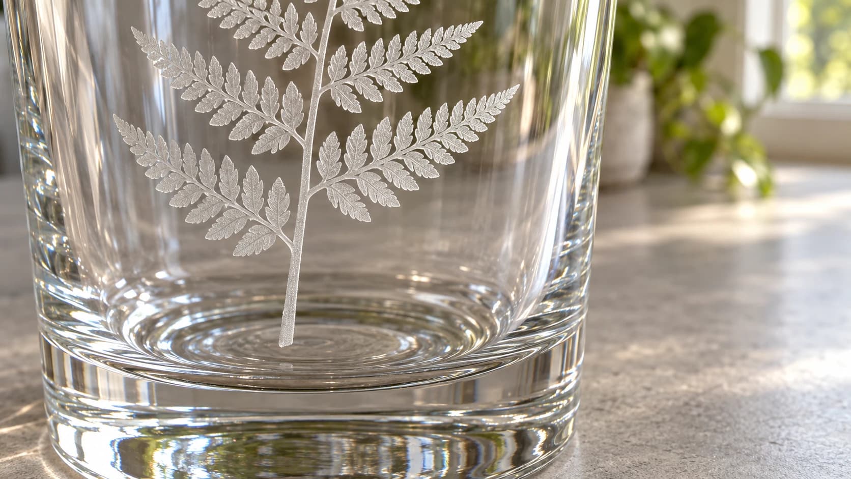 Frosted fern detail on the clear drinking glass