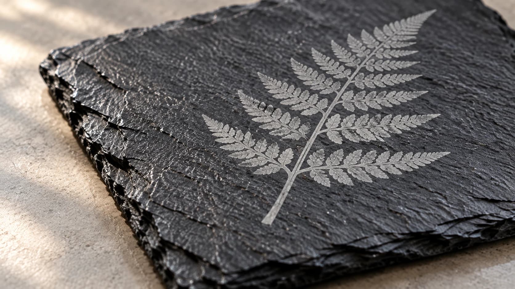 Light fern marking following the slate coaster’s textured face
