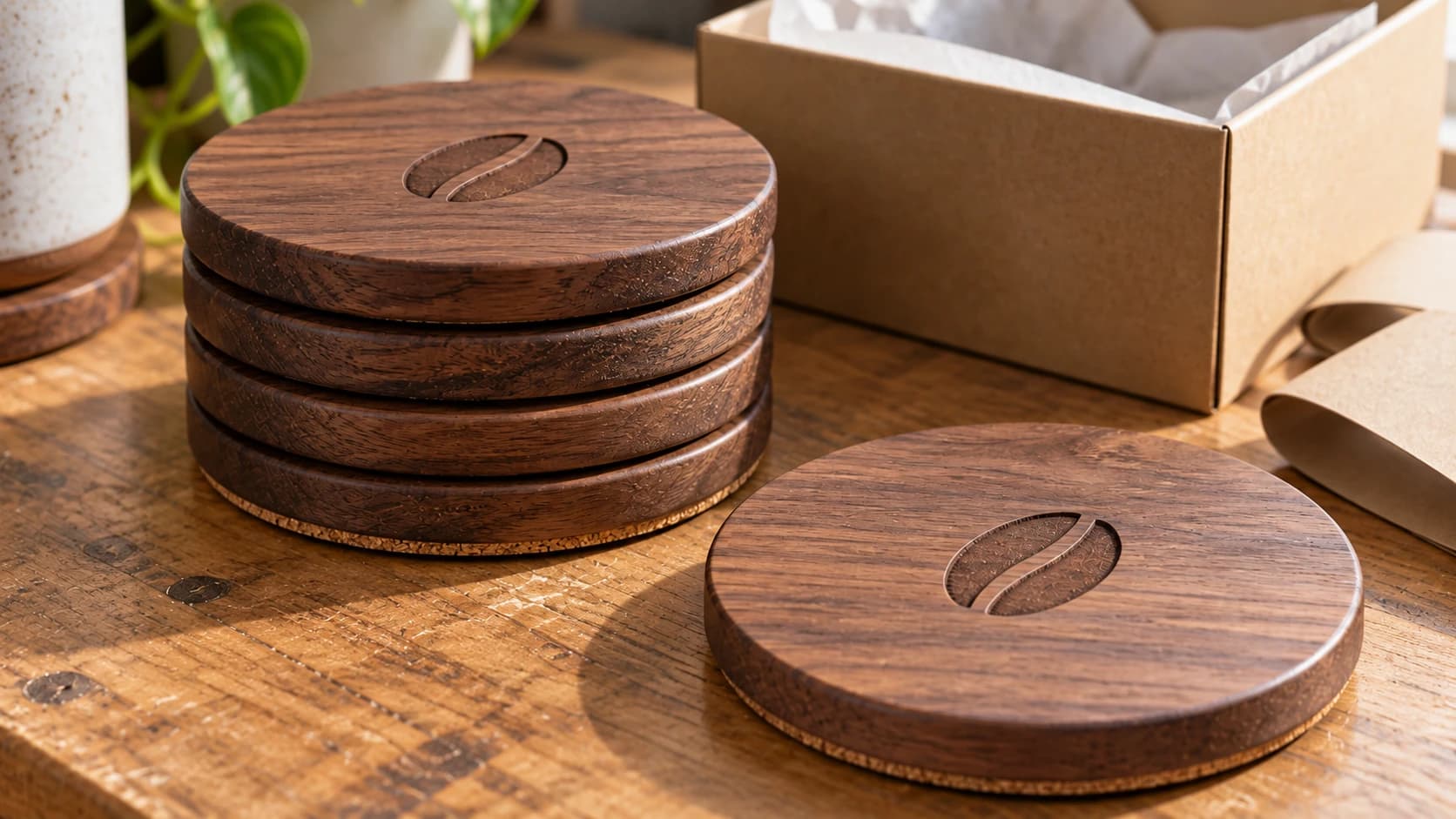 Close view of the same walnut coffee-bean coasters with cork-backed edges