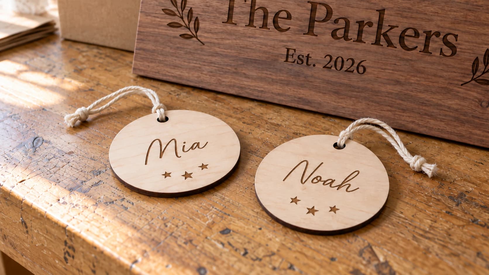 Matching Mia and Noah birch ornaments with engraved names, three stars, and cotton cord through drilled holes