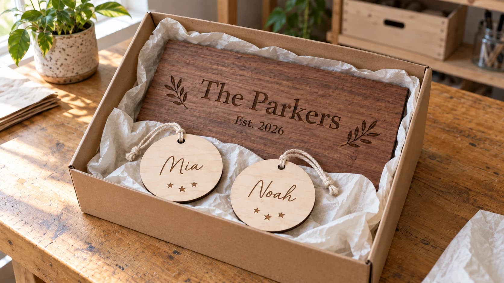 The same Parkers sign and Mia and Noah ornaments arranged with tissue inside their kraft gift box