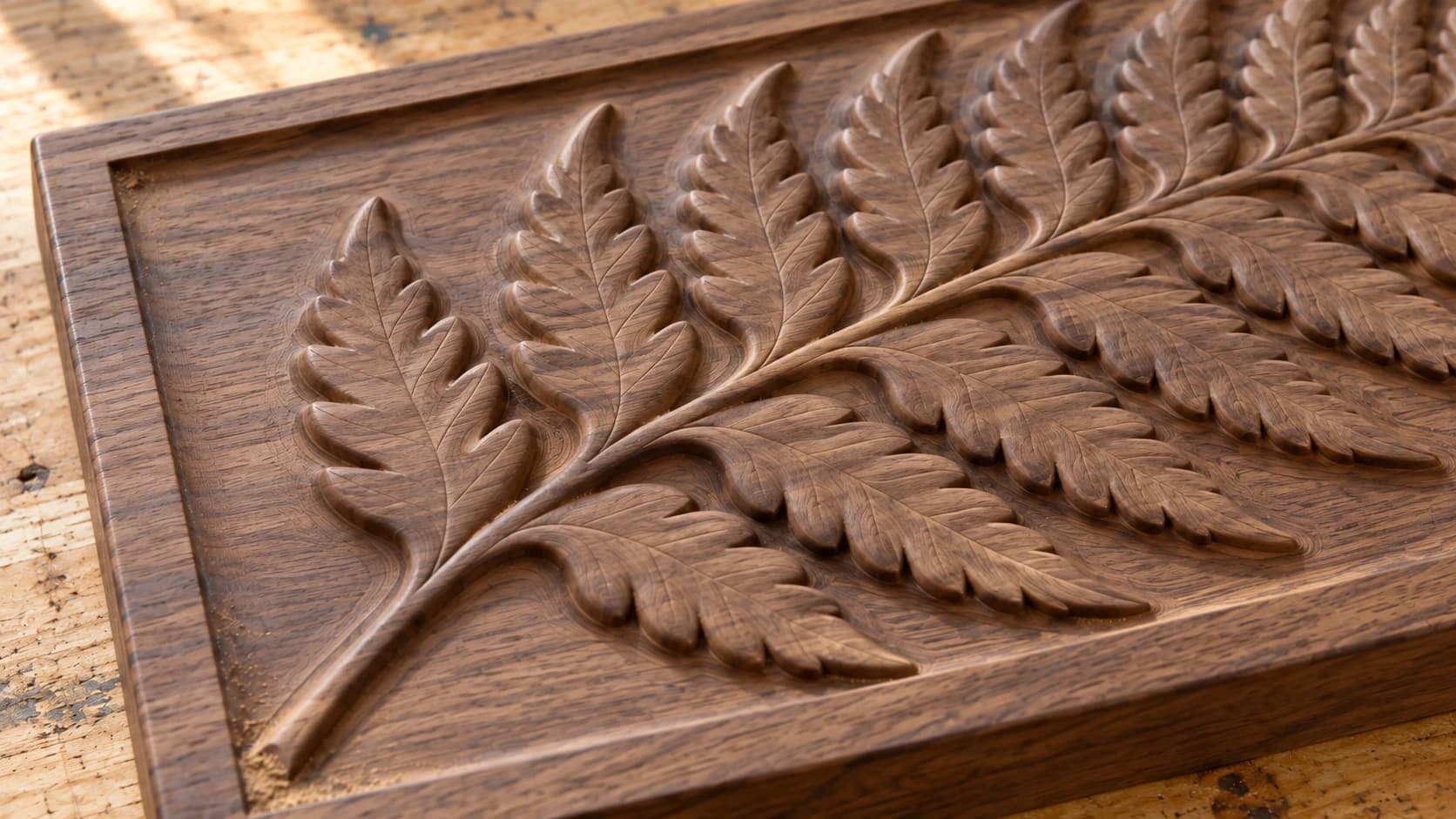 Close-up of the same shallow walnut fern relief with grain continuing over the carved leaves