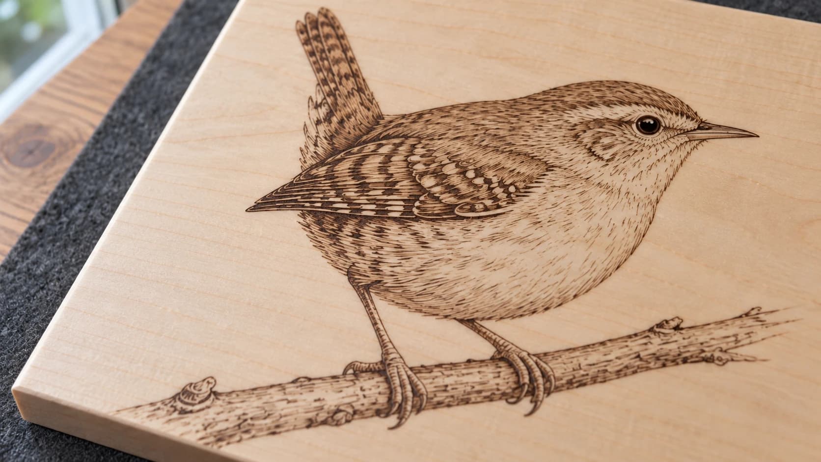 Close-up of the same wren and branch engraved as fine brown linework on maple