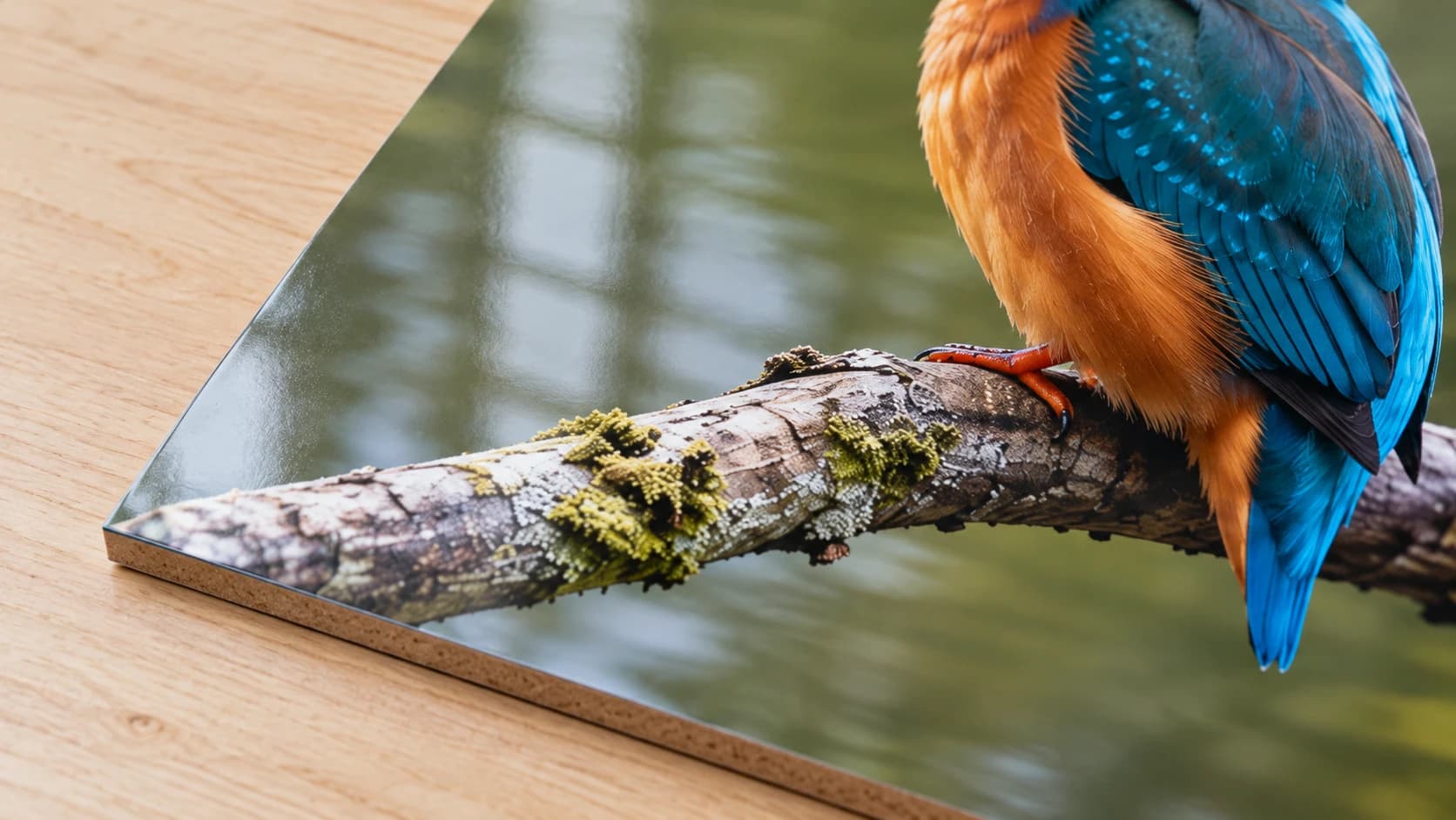 Detalhe de uma foto de um martim-pescador em um painel de fibra dura com revestimento brilhante