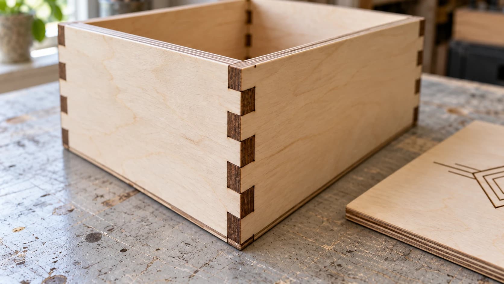 Close view of the same birch plywood box with alternating finger joints