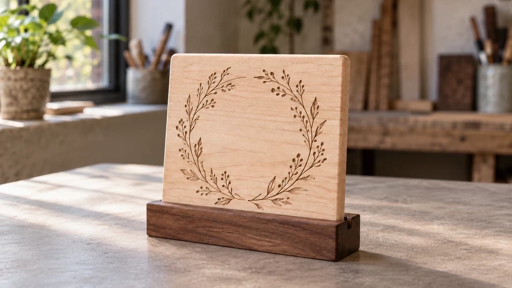 A closer product view of the same botanical maple plaque in its walnut base