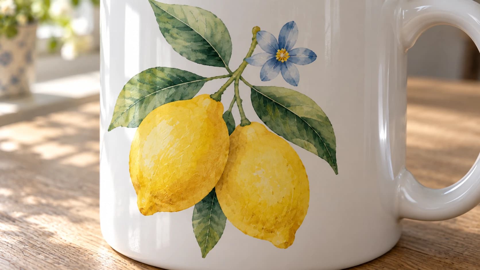 Impressão de limão em aquarela dentro da superfície brilhante da caneca correspondente