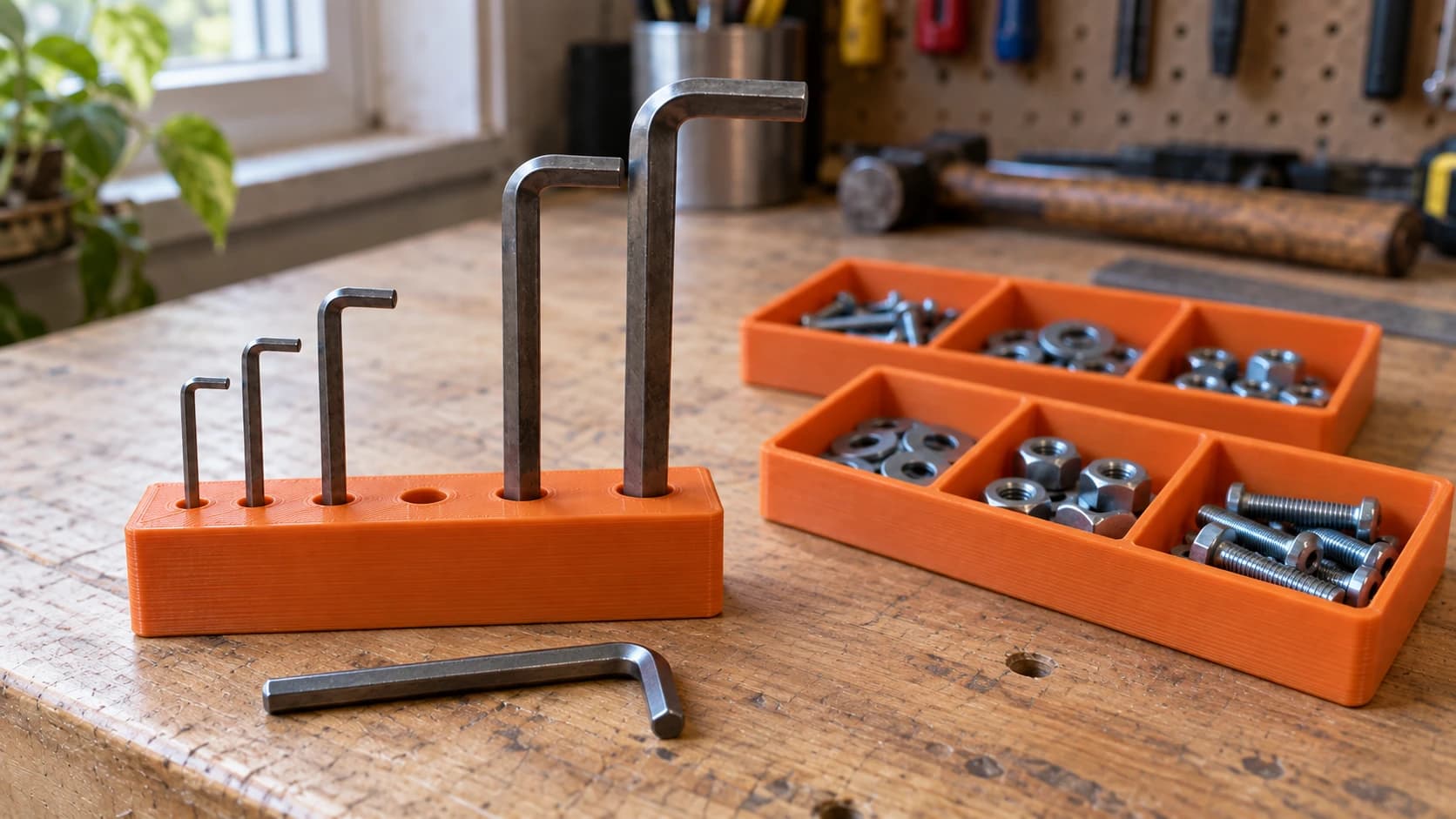 Orange printed hex-key index with one key removed and resting beside its matching hole
