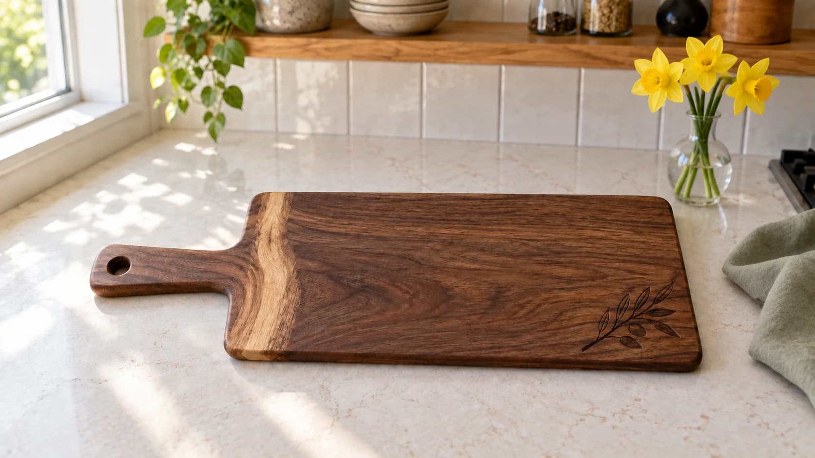 The same walnut board and kitchen with daffodils and sage linen