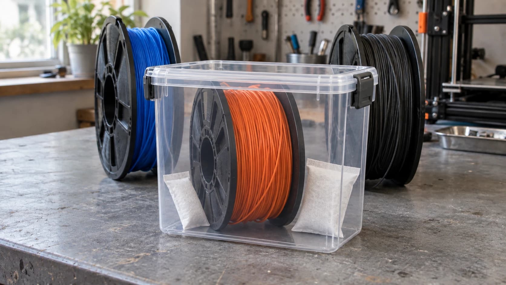 The orange filament spool inside a clear storage box with a gasket lid and desiccant packets