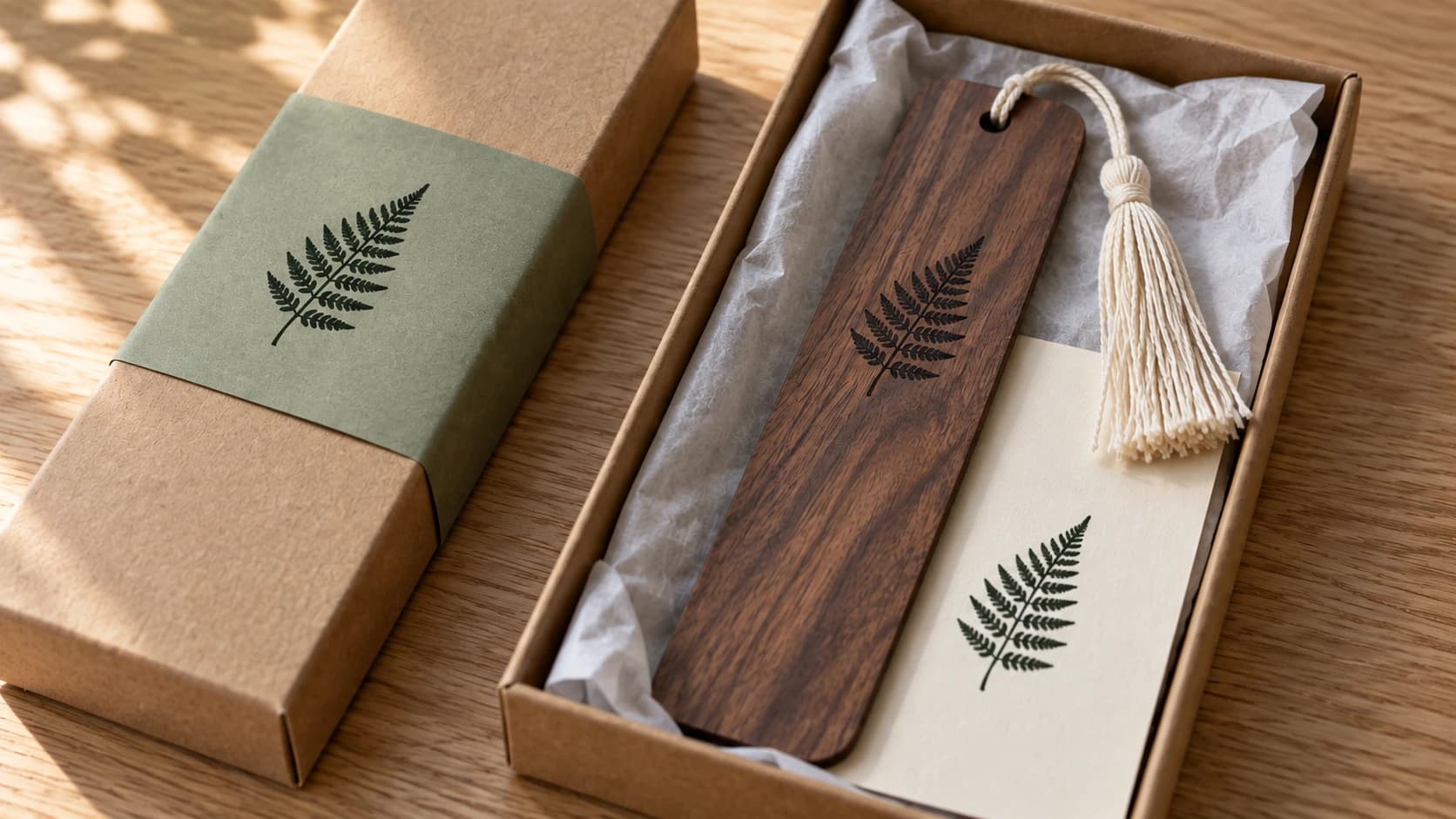 Matching fern emblems on the same walnut bookmark, sage paper band and cream insert