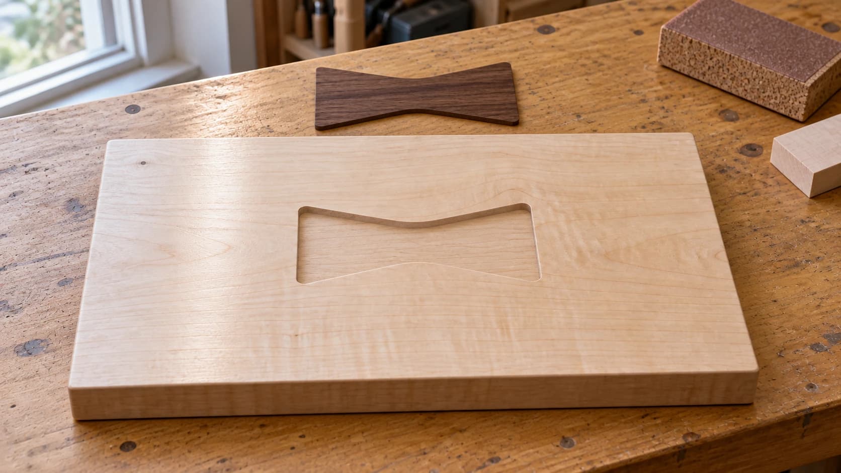 Maple board with a shallow bow-tie pocket and its matching walnut insert laid above it