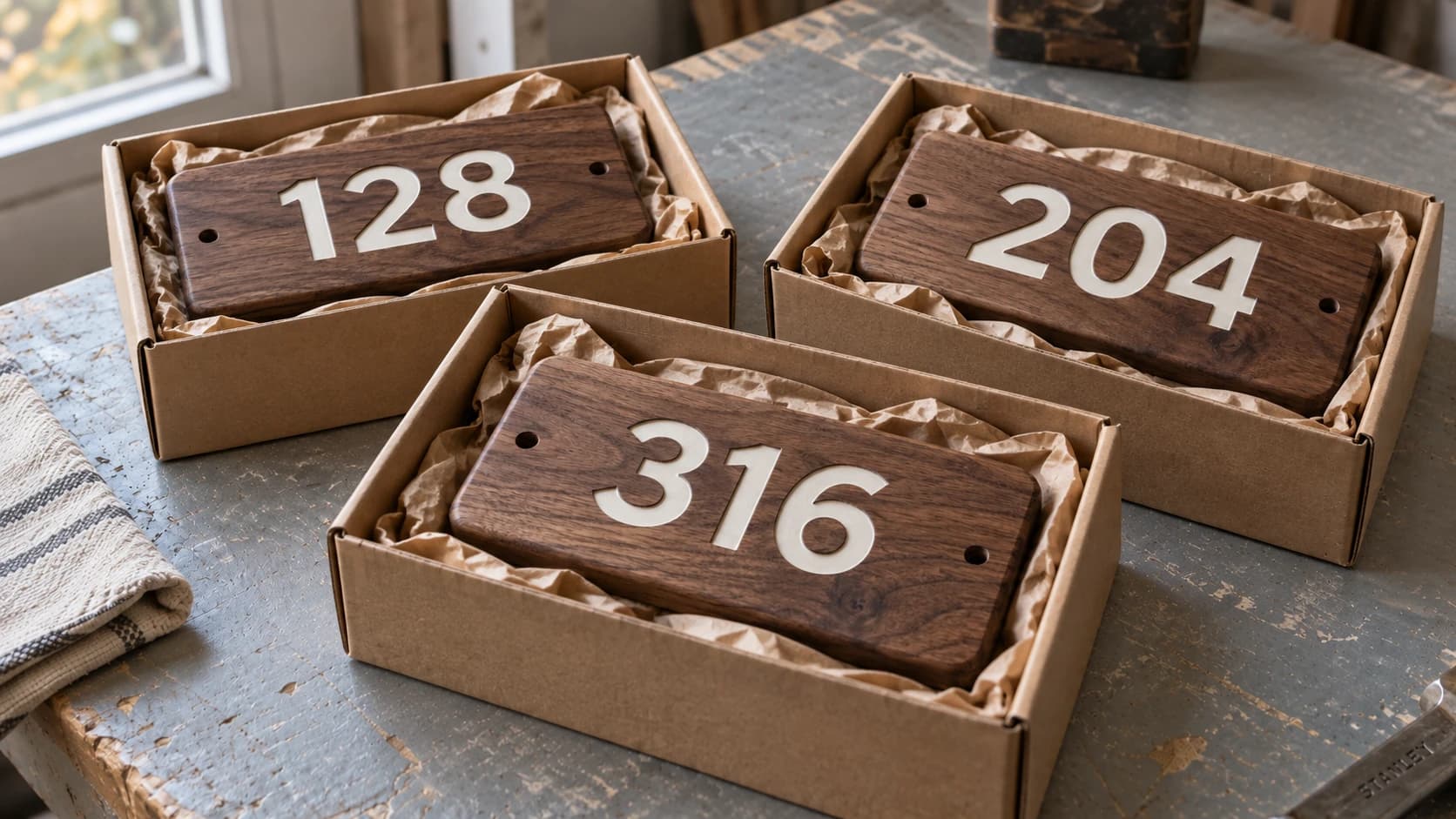 Las mismas placas de dirección de nogal 128, 204 y 316 en cajas individuales forradas con papel