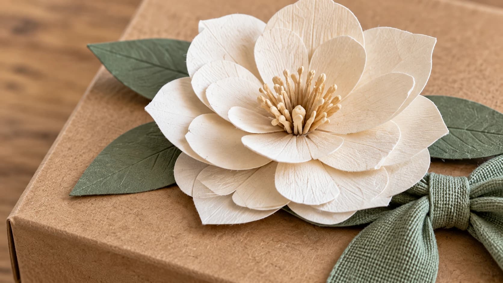 Flor de cartolina marfim e fita verde-sálvia sobre uma caixa de presente kraft dobrada