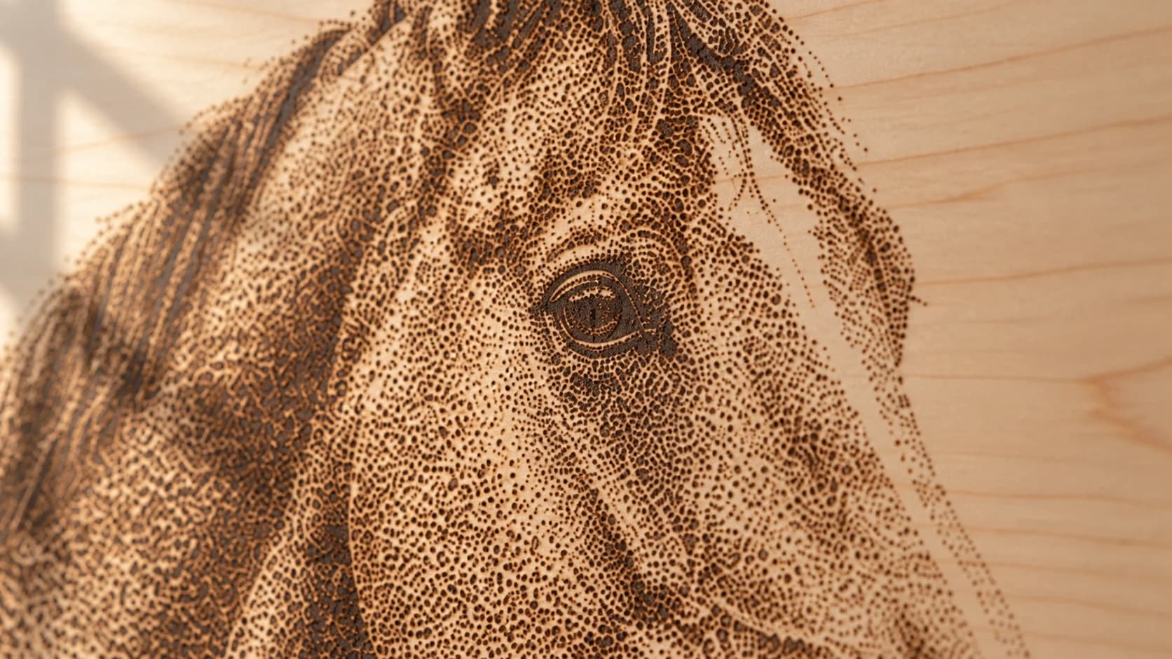 Close-up of the same horse portrait built from dark dots on maple