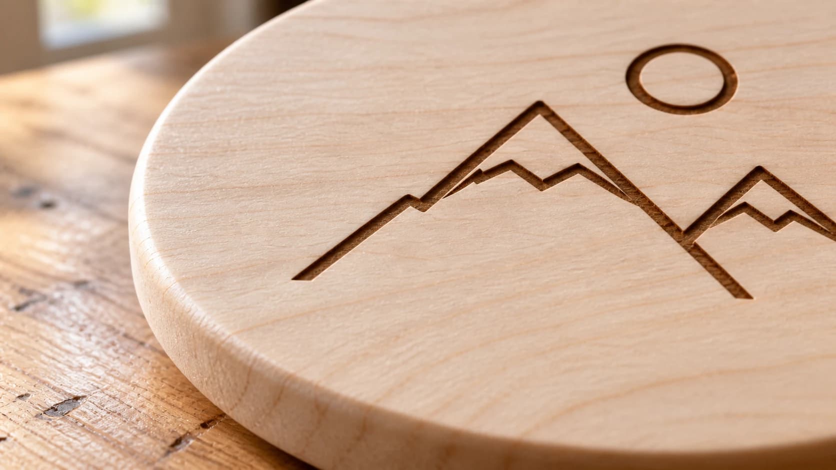 Close view of mountain and sun engraving on the basswood coaster
