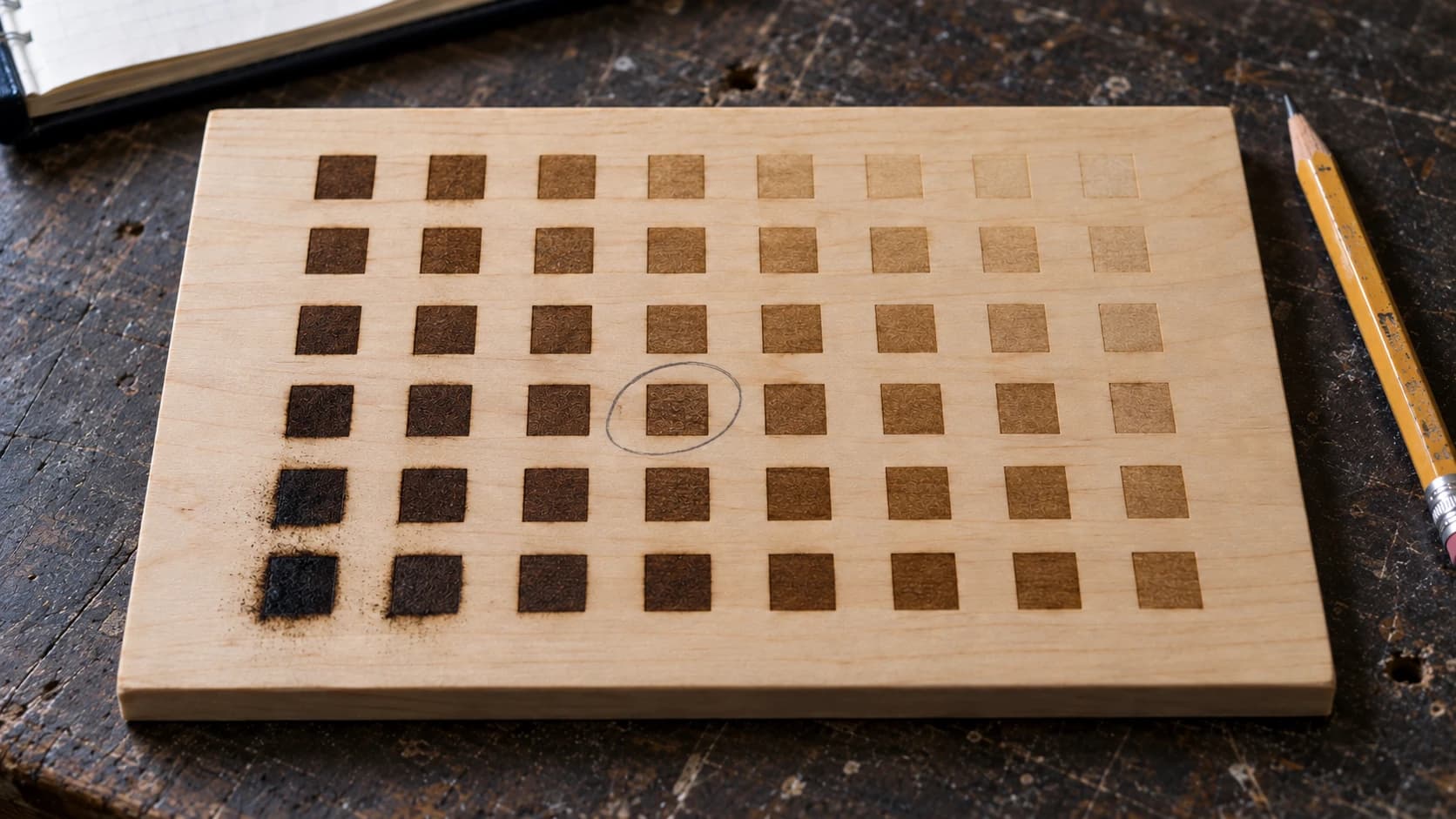 Close view of a maple engraving test grid with pale, brown and sooty marks and a penciled selection
