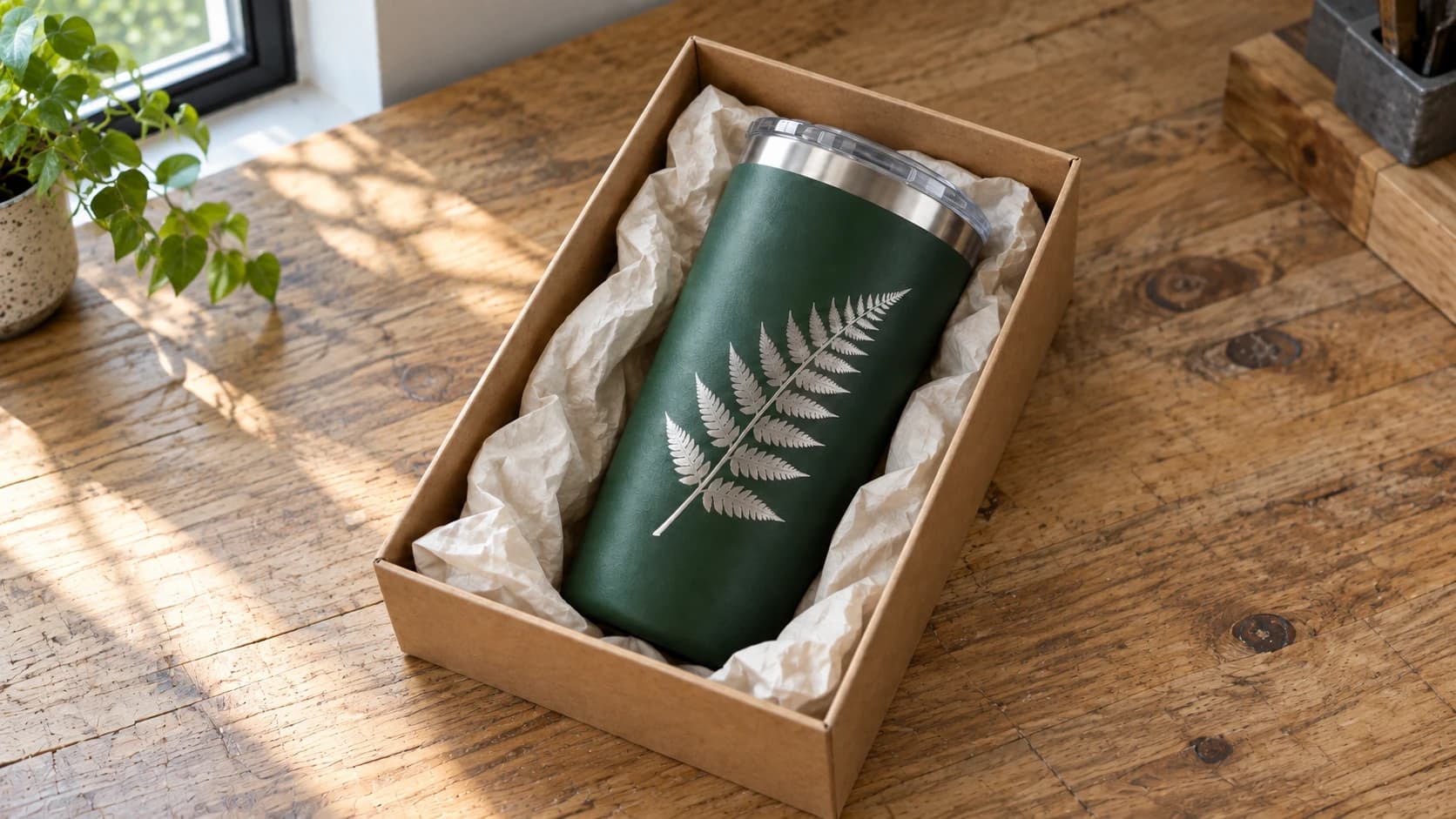 The green fern tumbler cushioned in a kraft gift box on the same worktable