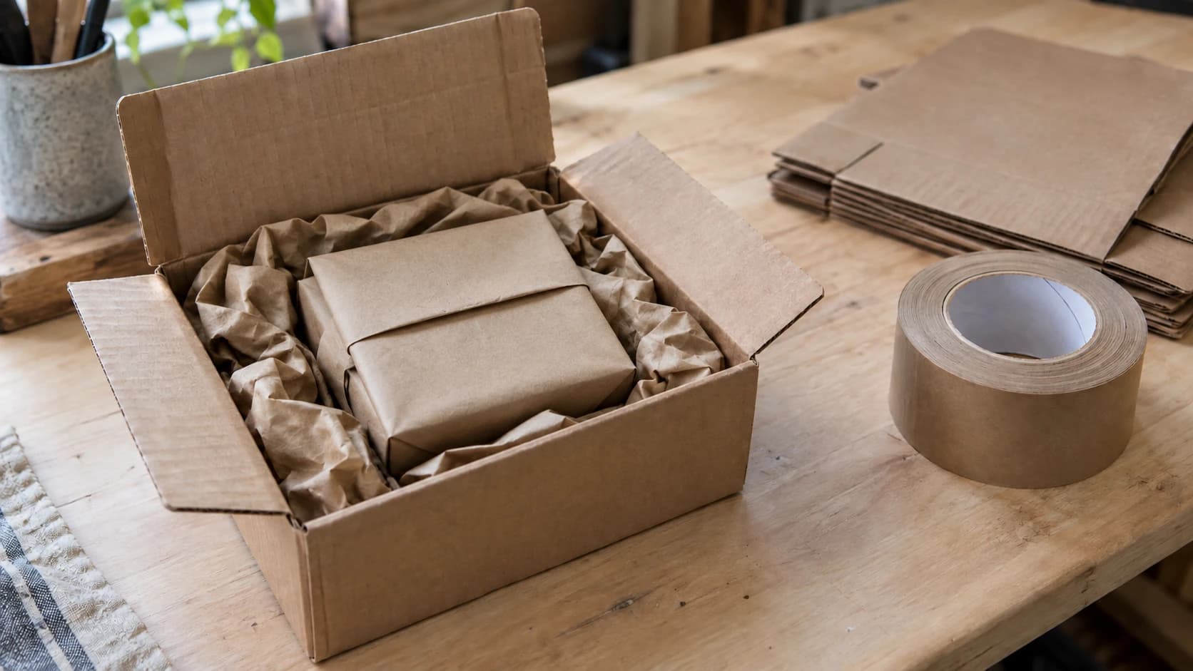 Conjunto de porta-copos embalado e protegido dentro da mesma caixa de envio de papel kraft