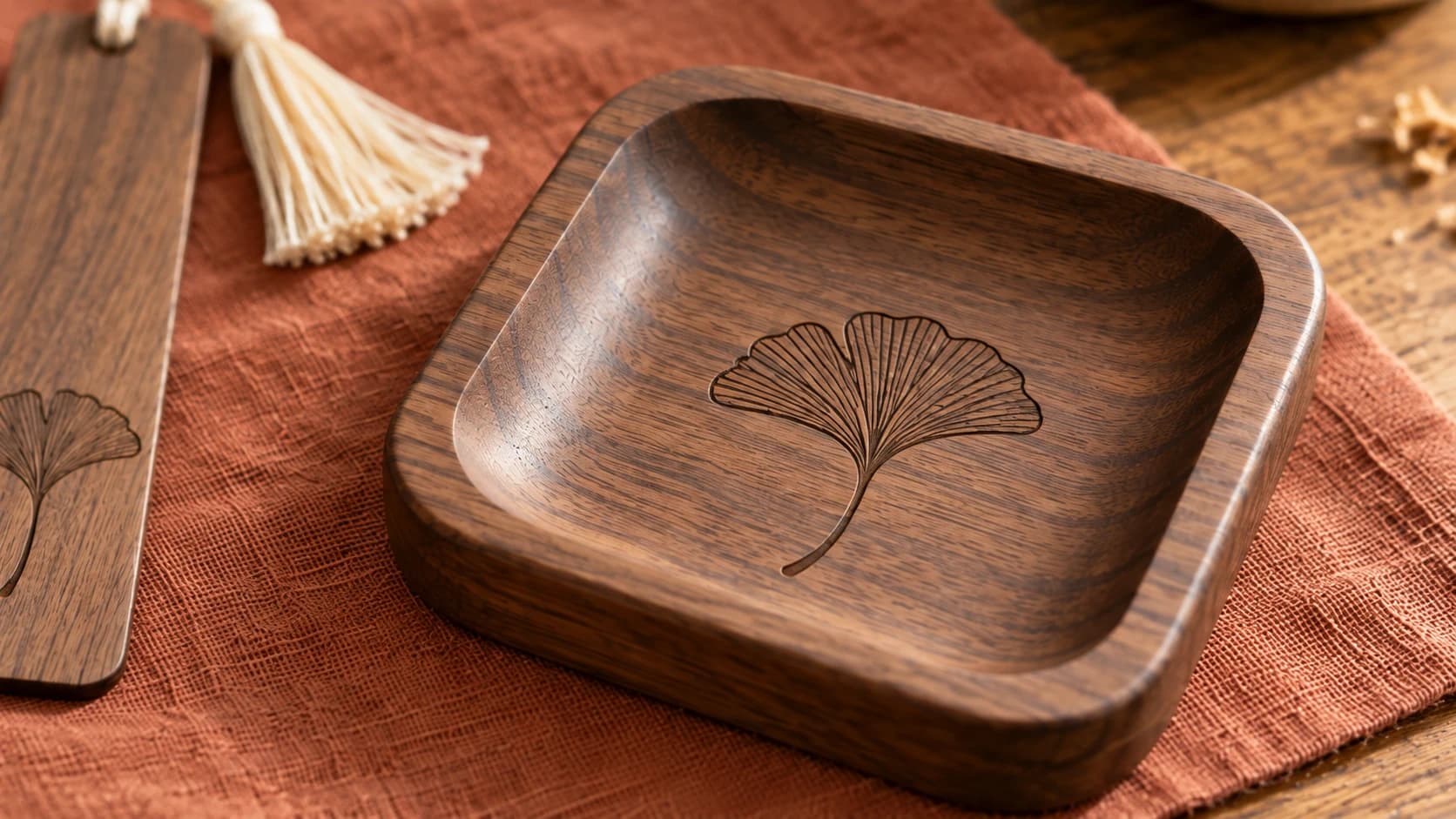 Lo stesso piattino in noce a forma di ginkgo, con una cavità arrotondata fresata e venatura continua